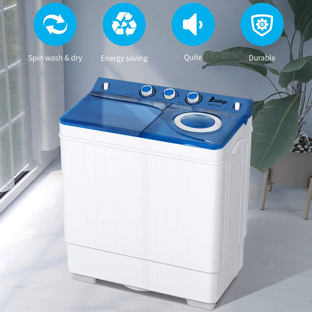 Twin Tub with Built-in Drain Pump XPB65-2288S 26Lbs Semi-automatic Twin Tube Washing Machine for Apartment, Dorms, RVs, Camping and More, White&Blue US Standard