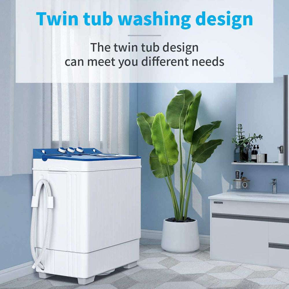 Twin Tub with Built-in Drain Pump XPB65-2288S 26Lbs Semi-automatic Twin Tube Washing Machine for Apartment, Dorms, RVs, Camping and More, White&Blue US Standard