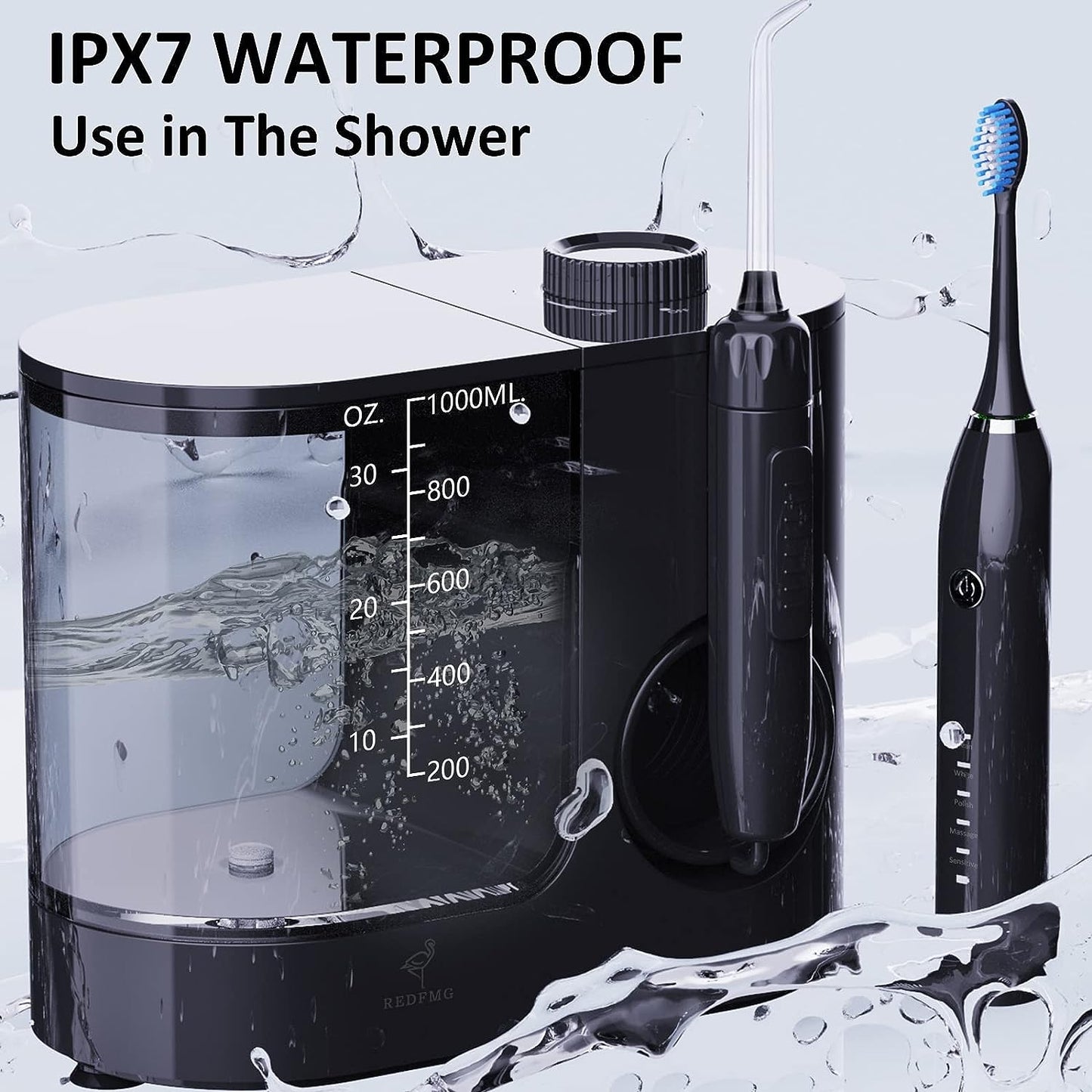 Water Flosser & Ultrasonic Toothbrush Combo - Extra Capacity Electric Water Toothbrush ,7 Jet Tips & 4 Brush Heads, 1000ML Detachable Water Tank, IPX6 Waterproof