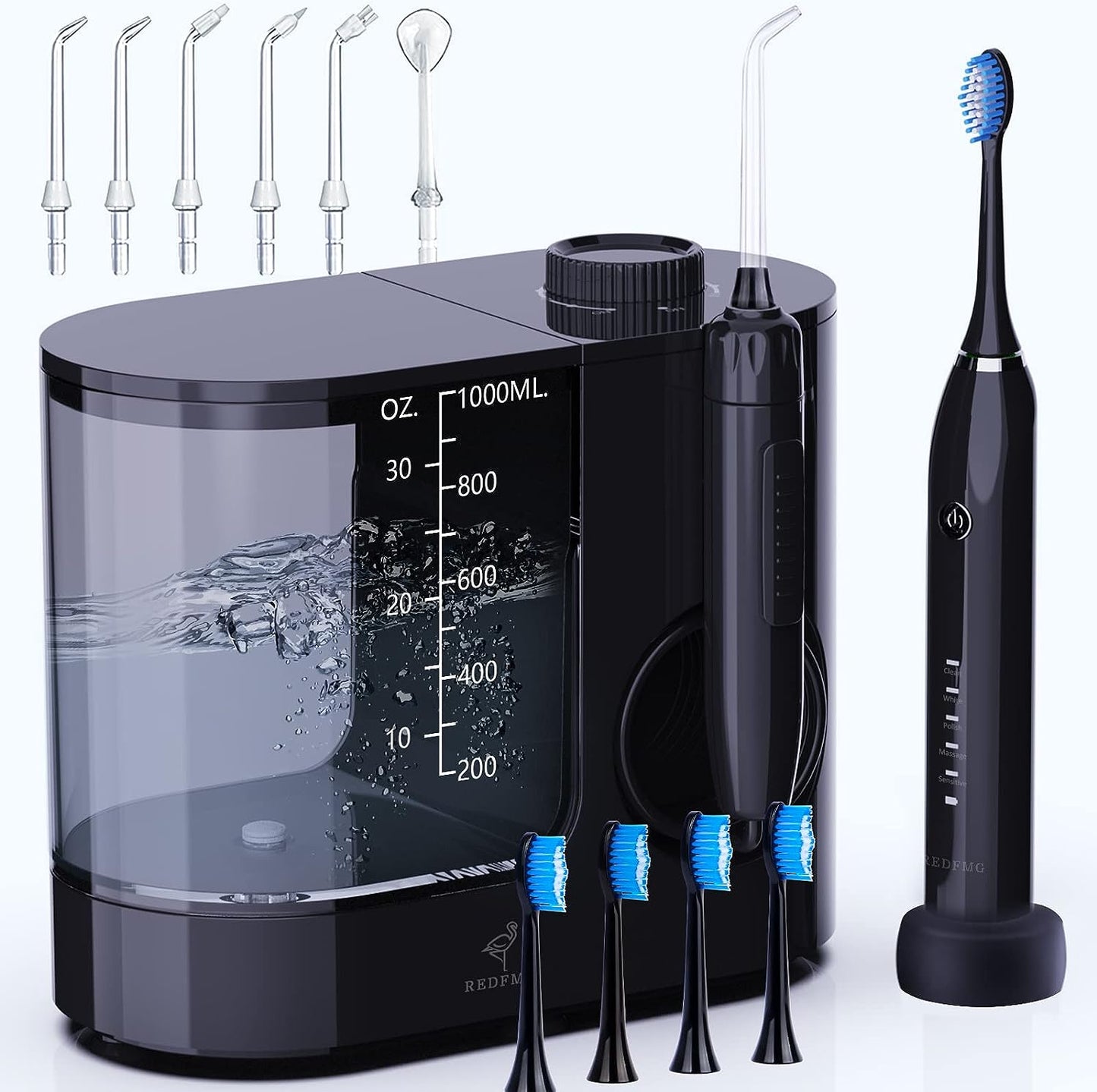 Water Flosser & Ultrasonic Toothbrush Combo - Extra Capacity Electric Water Toothbrush ,7 Jet Tips & 4 Brush Heads, 1000ML Detachable Water Tank, IPX6 Waterproof