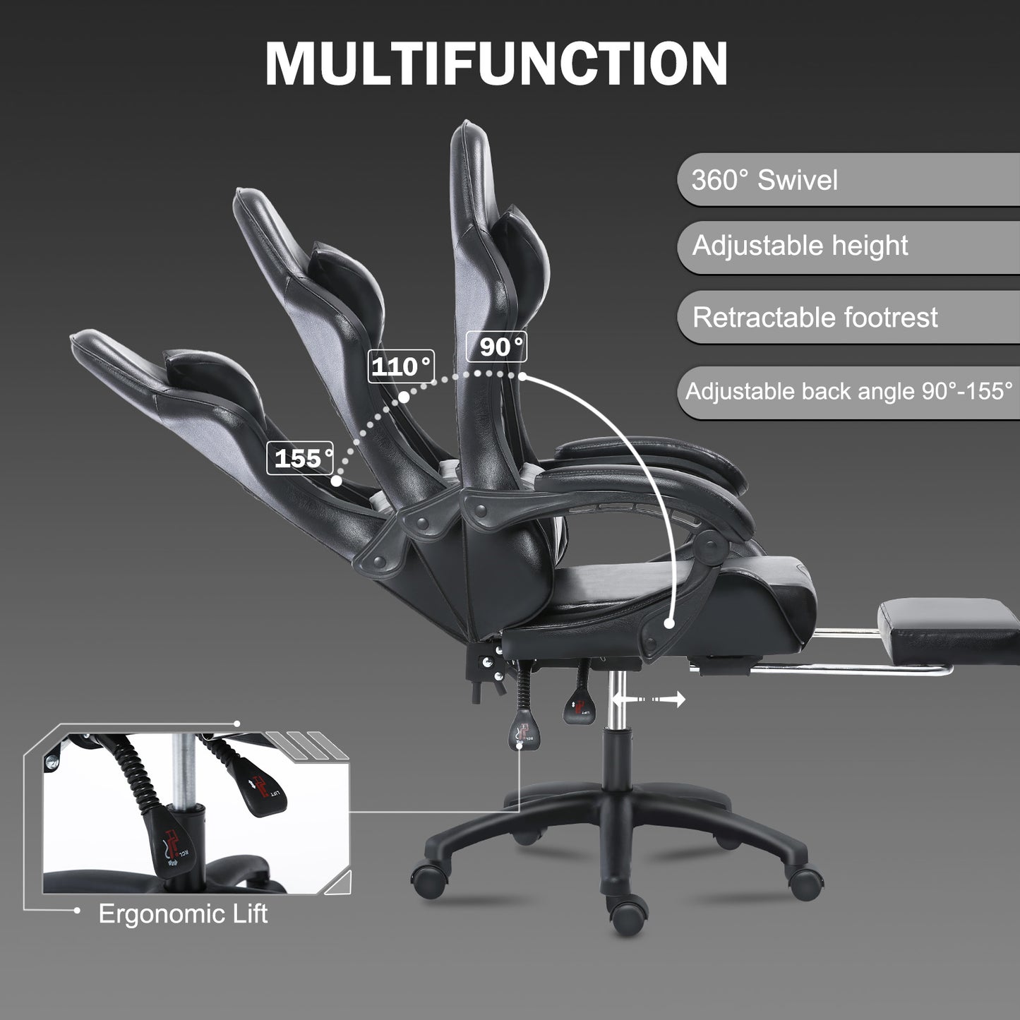 Game Chair, Adult Electronic Gaming Chair, Ergonomically Designed, PU Leather, Lounge Chair with Footstool and Waist Support, Office Chair, Black