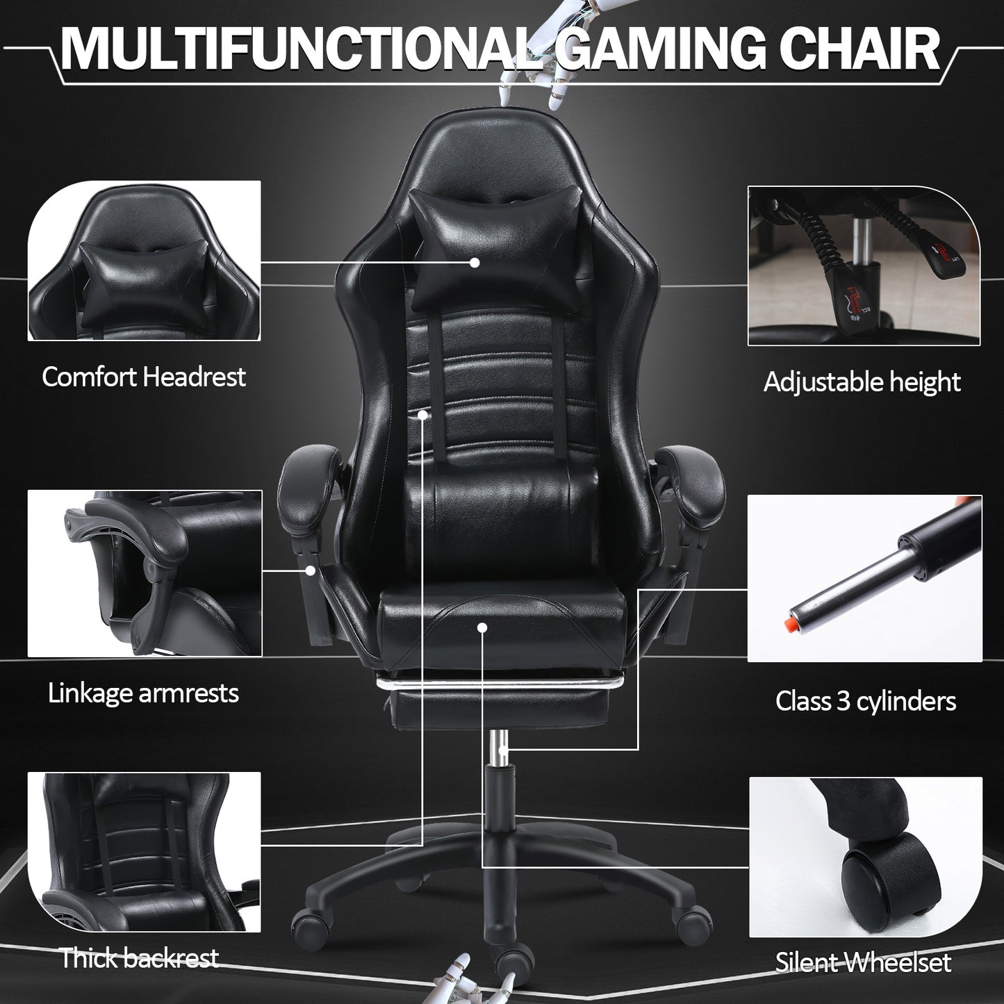 Game Chair, Adult Electronic Gaming Chair, Ergonomically Designed, PU Leather, Lounge Chair with Footstool and Waist Support, Office Chair, Black