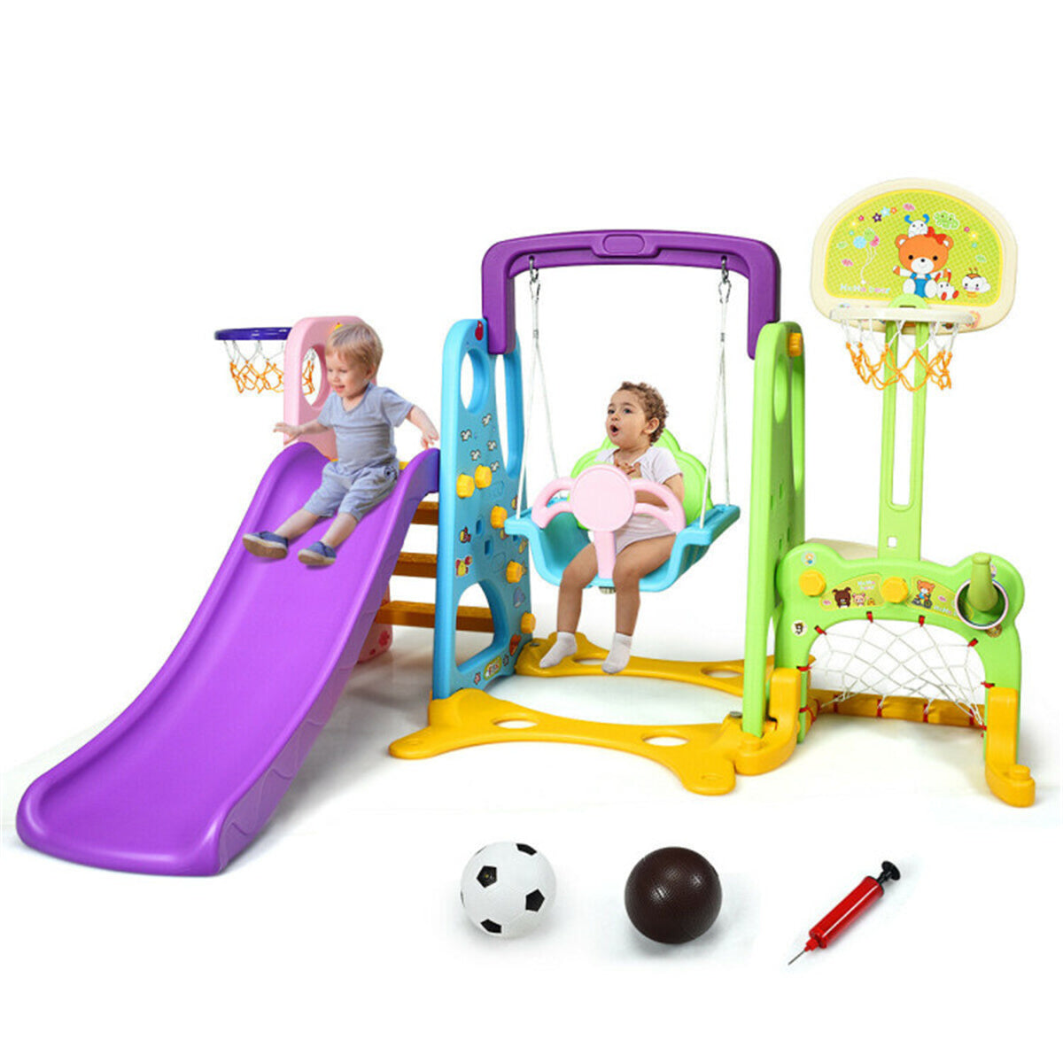 6-in-1 Kids Portable Slide Rocking Horse Toy with Basketball Hoop and Ring Toss