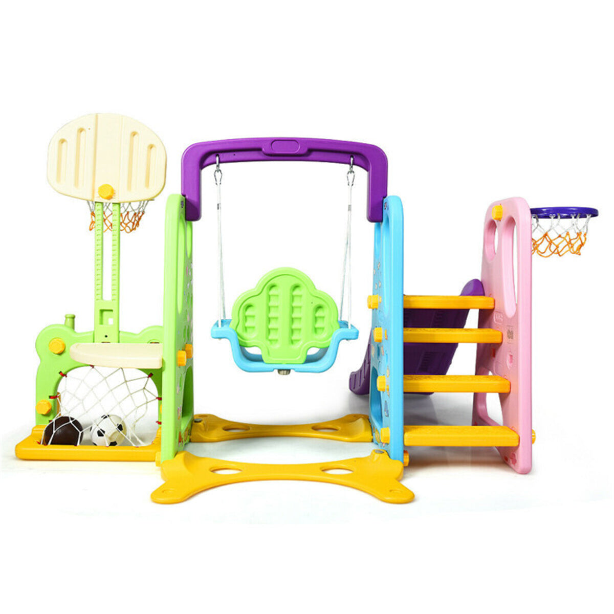 6-in-1 Kids Portable Slide Rocking Horse Toy with Basketball Hoop and Ring Toss