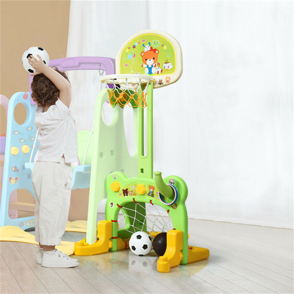 6-in-1 Kids Portable Slide Rocking Horse Toy with Basketball Hoop and Ring Toss