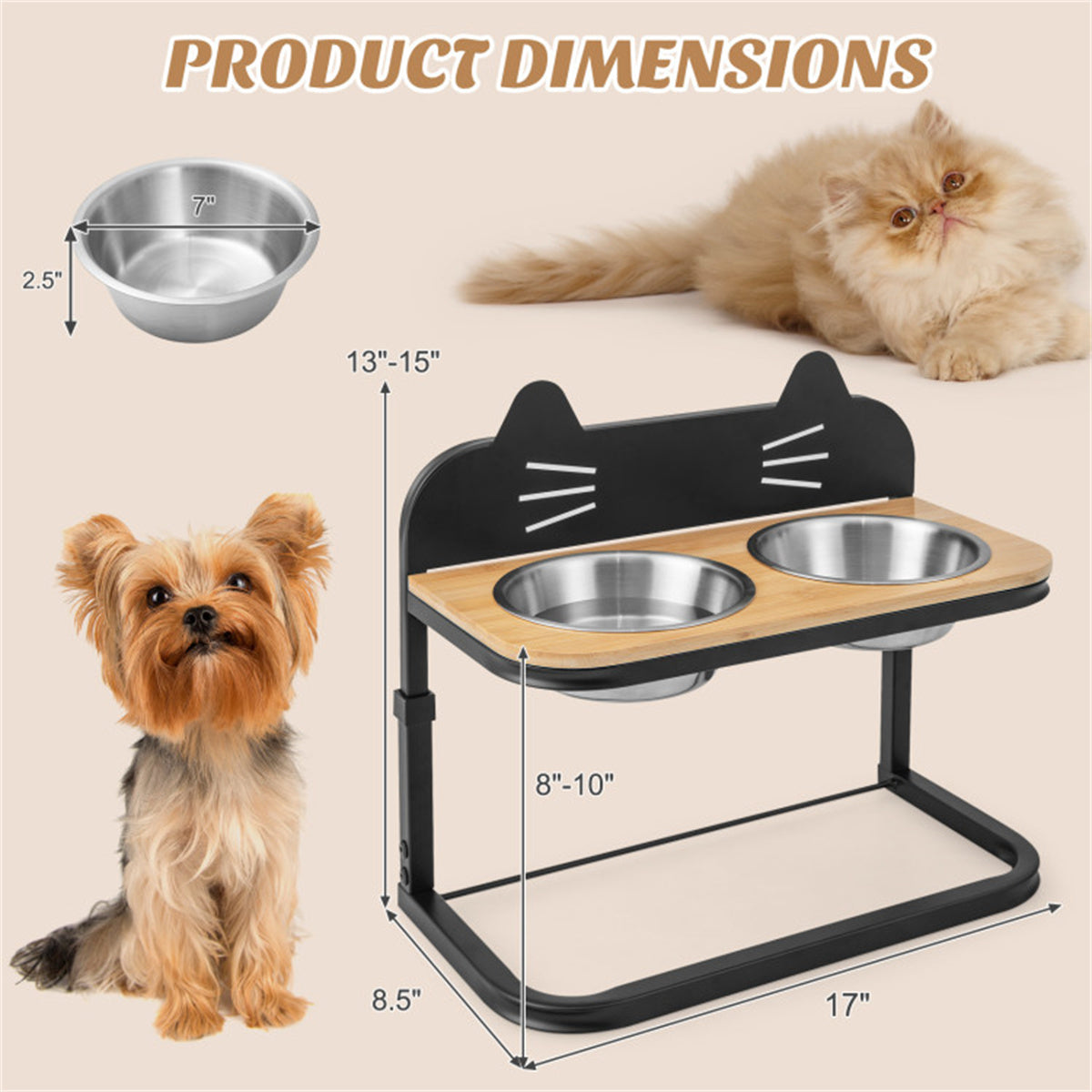 Pet Feeder with 2 Stainless Steel Bowls，Adjustable Height for Cats and Small and Medium Dogs