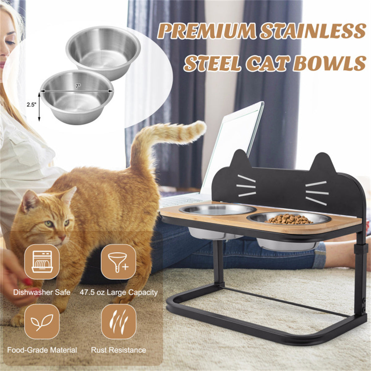 Pet Feeder with 2 Stainless Steel Bowls，Adjustable Height for Cats and Small and Medium Dogs