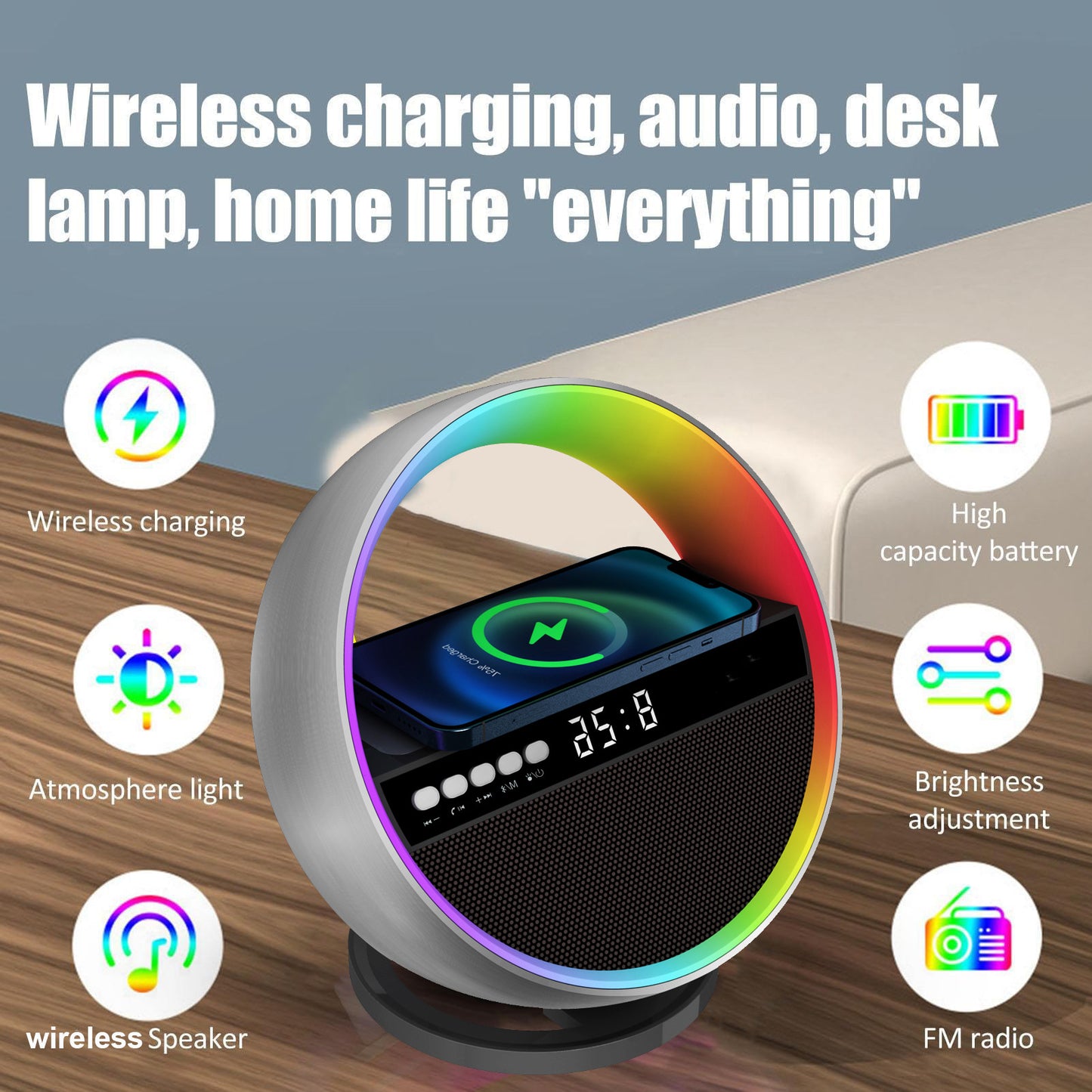 2024 New Multifunction RGB Night Light Wireless Charger Bluetooth Speaker Large G Ambience Light Home Decor